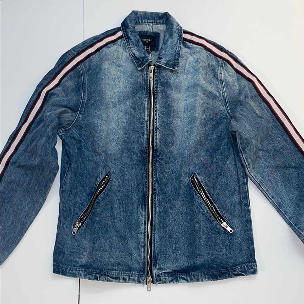 Forever 21 Blue and Red Varsity Denim Jacket